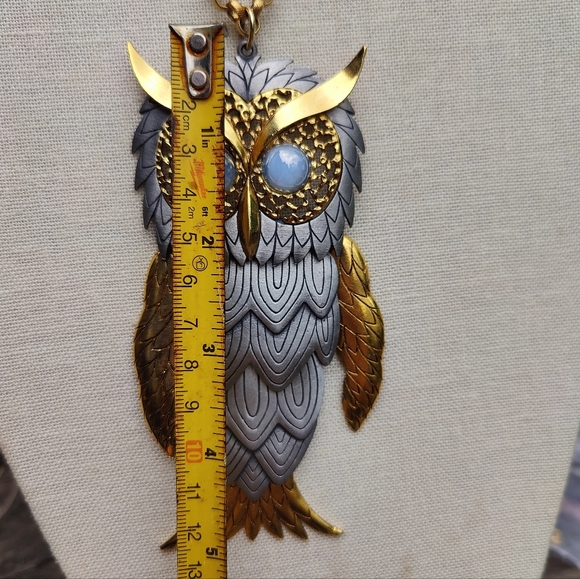 🦉 Vintage 1960s Articulated Owl Pendant Necklace With Blue Moonglow Eyes - Picture 11 of 12